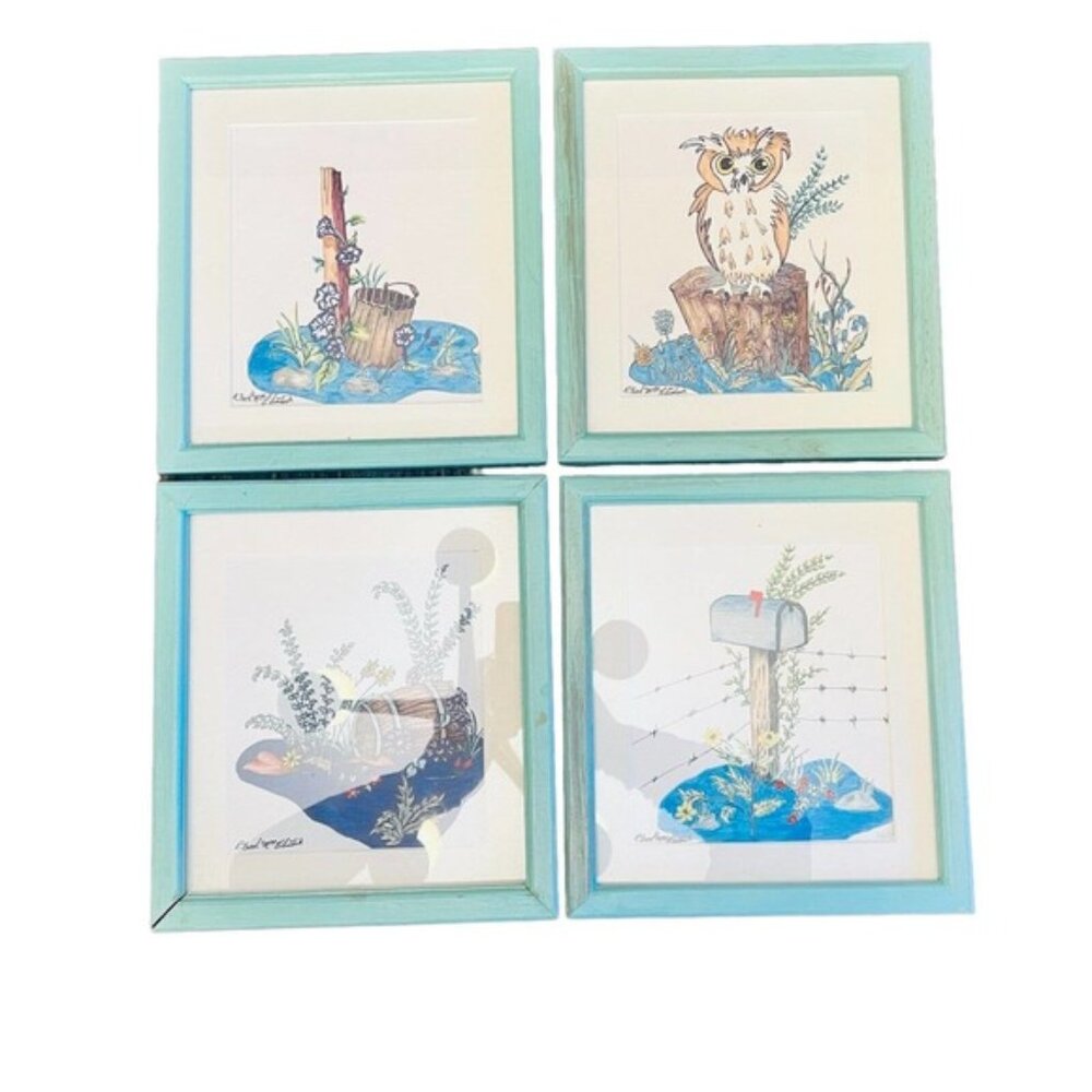 Wall Art Drawings Owl Mailbox Barrel Nature Paintings Teal Coastal Set of 4